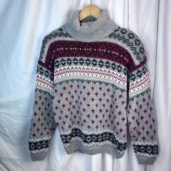 Vintage B. Moss 90s Turtleneck Thick Sweater Gray Red Size M EUC - Picture 1 of 9